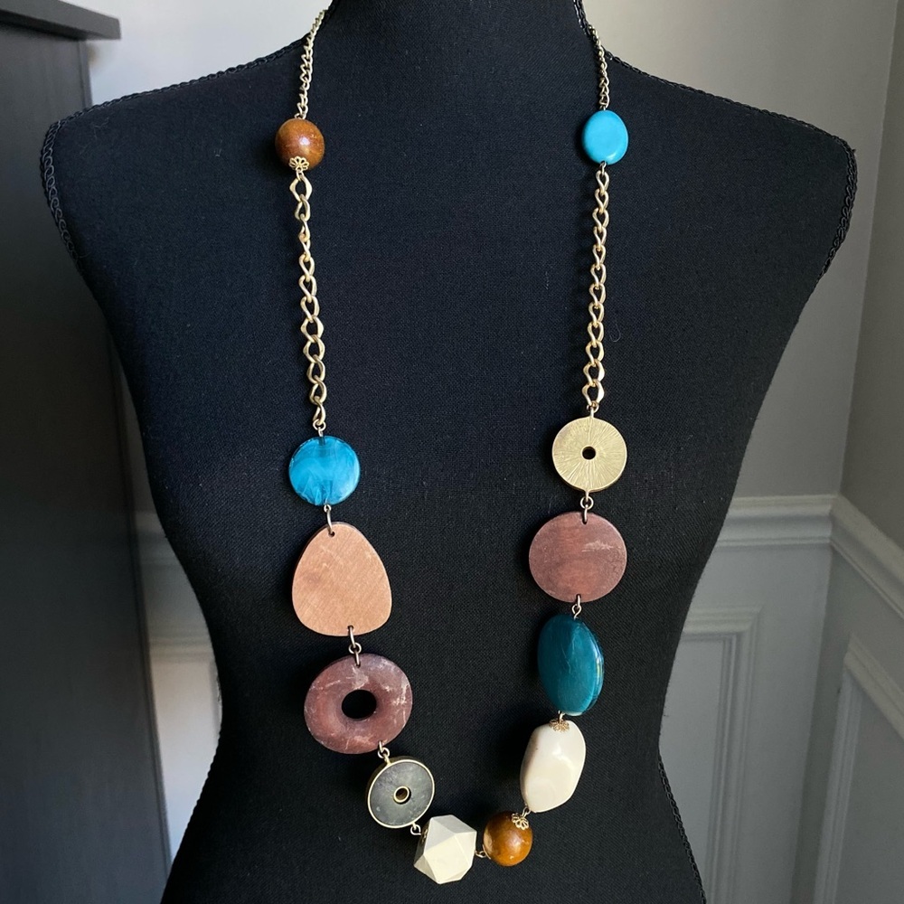 Long Wooden Bead‎ Brass Toned Statement Necklace